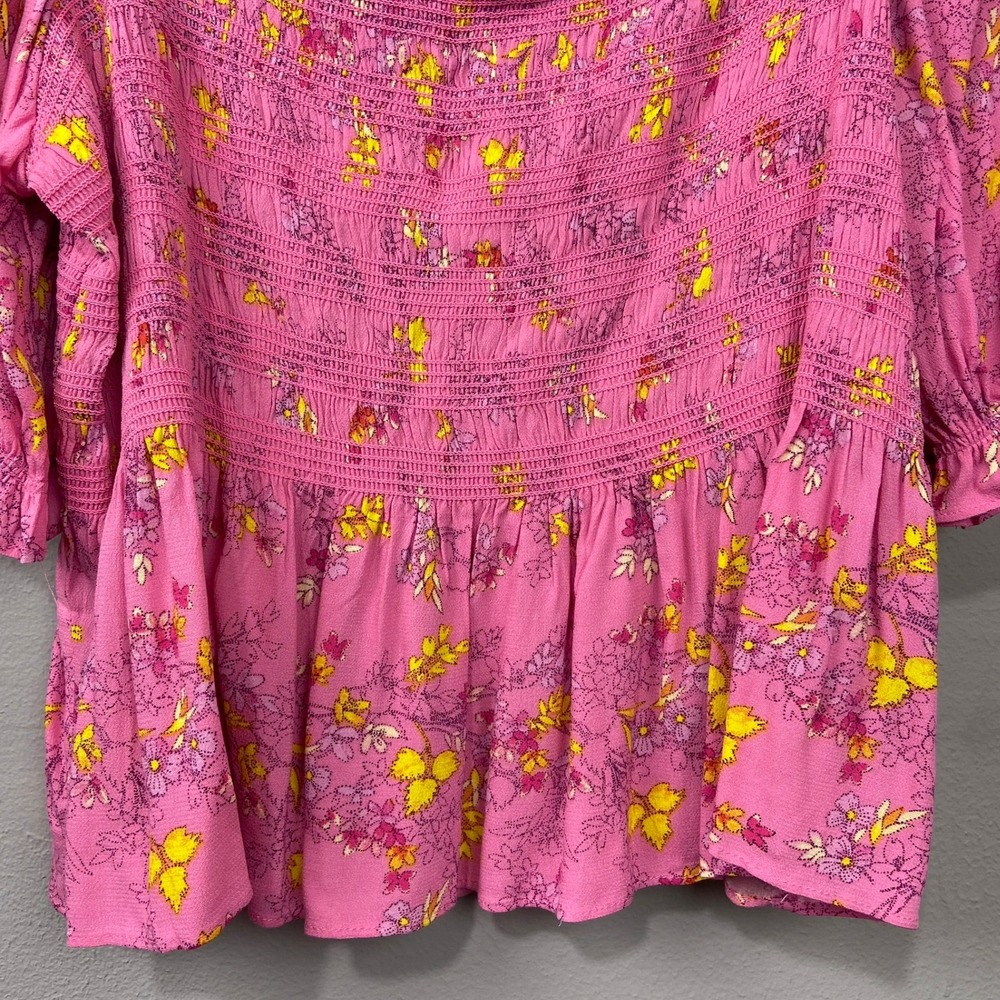 Scoop Pink Floral Cropped Blouse Size XXL Smocked Peplum Top Square Neck Cottage - Picture 8 of 12